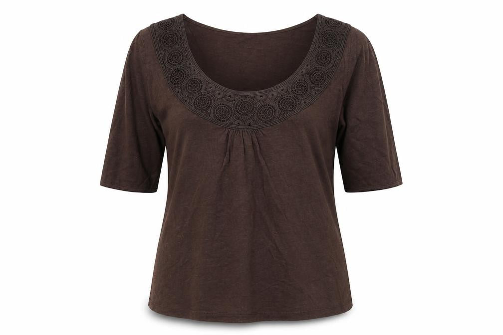 Front view of Preworn women’s brown viscose basic t-shirt, size UK 14, scoop neck