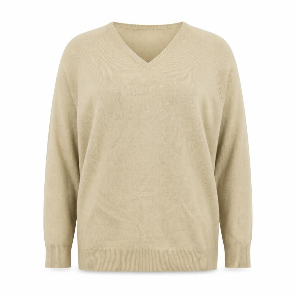 Front view of Wardrobe women’s beige v-neck acrylic jumper, size UK 16