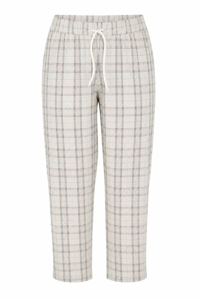 Front view of Angora women’s beige plaid polyester trousers, size S, 23-inch leg regular tie