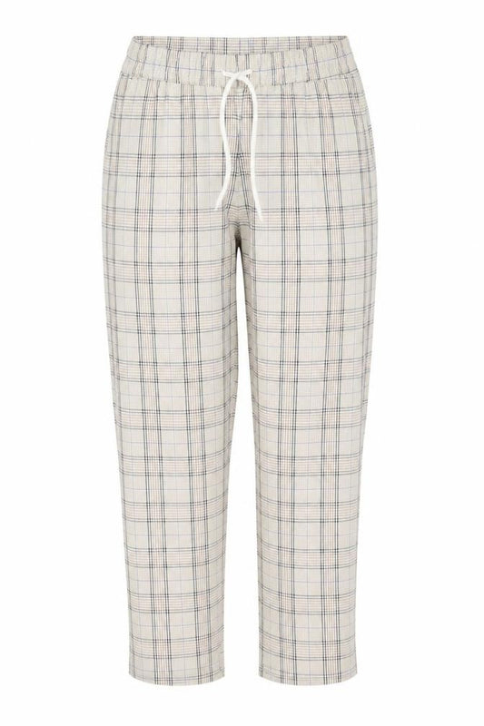Front view of Angora women’s beige plaid polyester trousers, size S, 23-inch leg regular tie