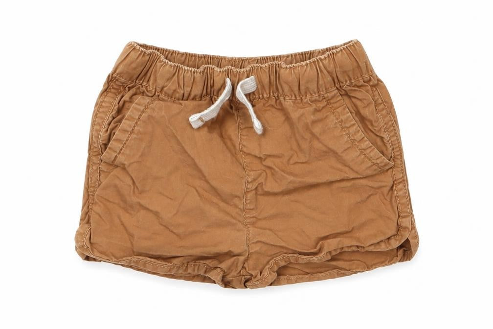 Front view of Tu boys’ brown 100% cotton cropped trousers, size 12-18, months drawstring