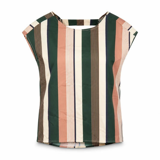 Front view of SHEIN women’s multicoloured striped polyester jersey blouse, size XS, round neck