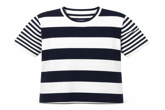 Front view of Via Appia women’s multicoloured striped viscose jersey t-shirt, size UK 12, crew neck