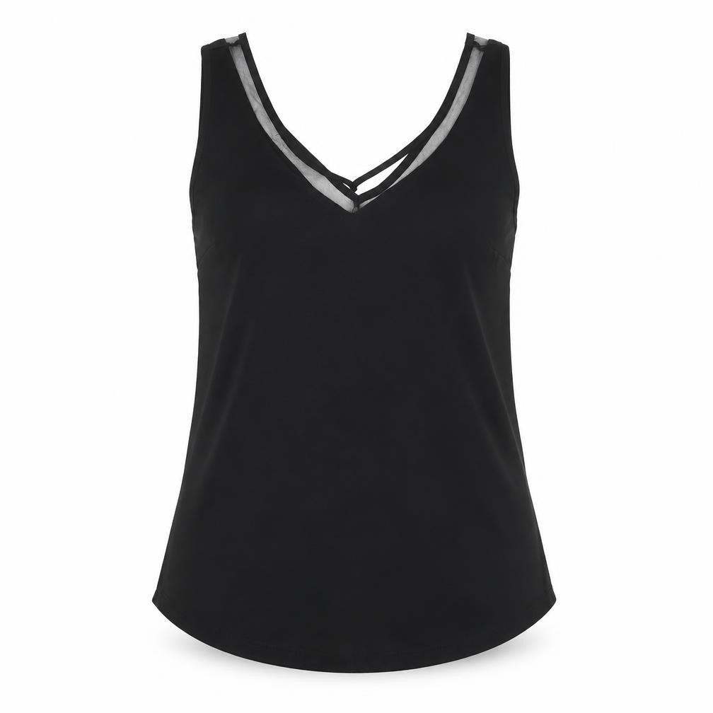 Front view of ASOS women’s black polyester jersey tank, size UK 6, v-neck
