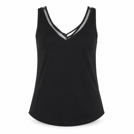 Front view of ASOS women’s black polyester jersey tank, size UK 6, v-neck