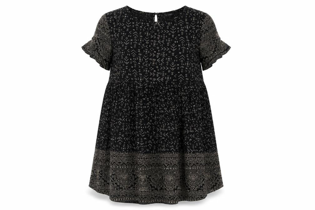 Front view of New Look women’s black geometric polyester fit & flare, size S, round neck pullover