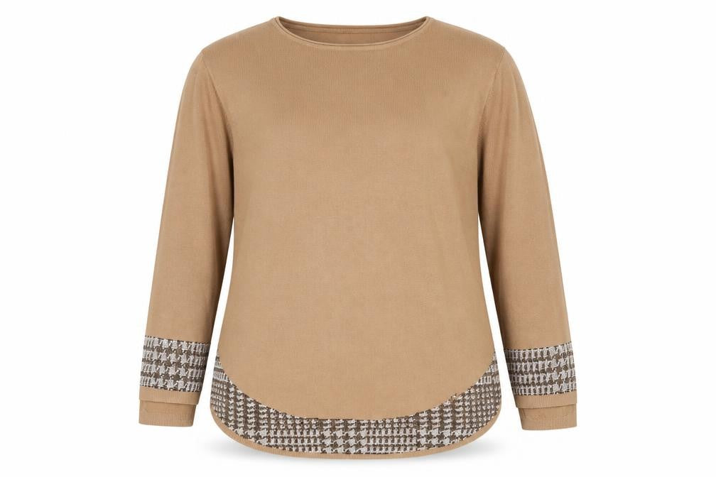 Front view of Evis women’s brown crew neck viscose jumper, size L