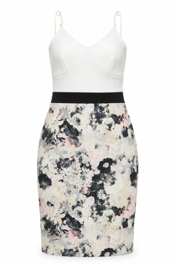 Front view of Missi London women’s multicoloured floral polyester bodycon, size UK 8, v-neck pullover