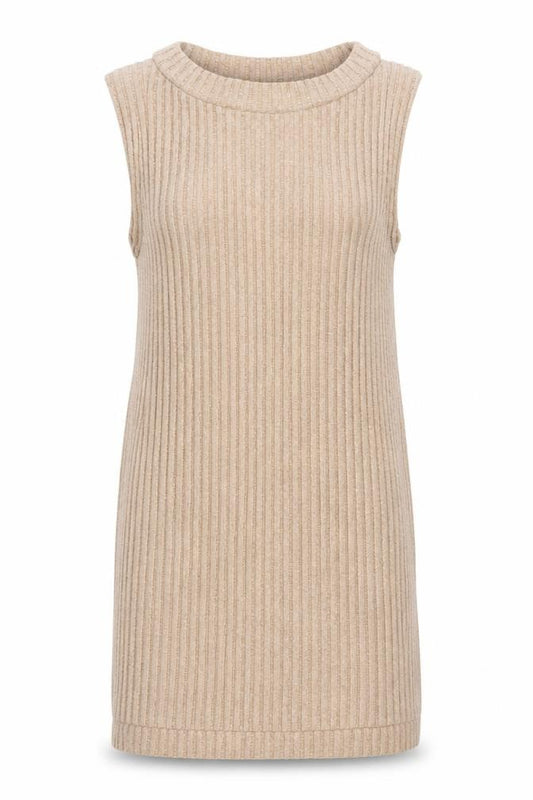 Front view of ASOS women’s beige polyester tank dress, size UK 10, round neck pullover