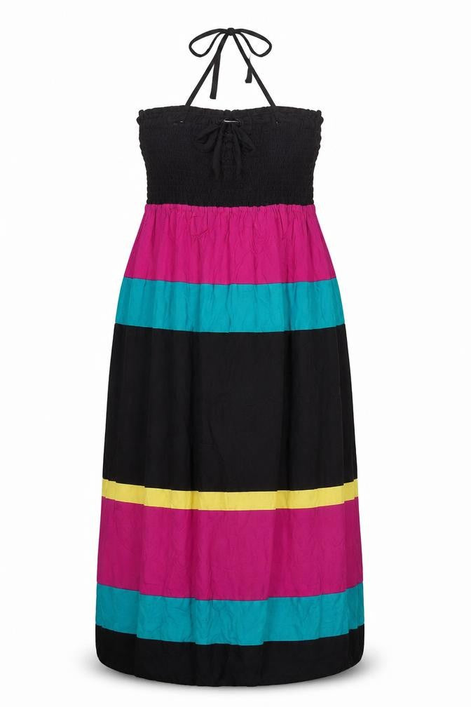 Front view of Per Una women’s multicoloured striped polyester maxi, size S, halter pullover