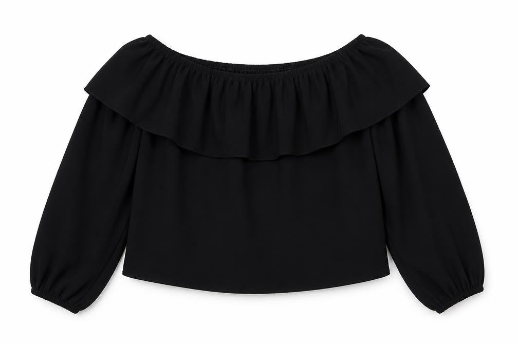 Front view of New Look women’s black polyester cropped blouse, size UK 8, off the shoulder
