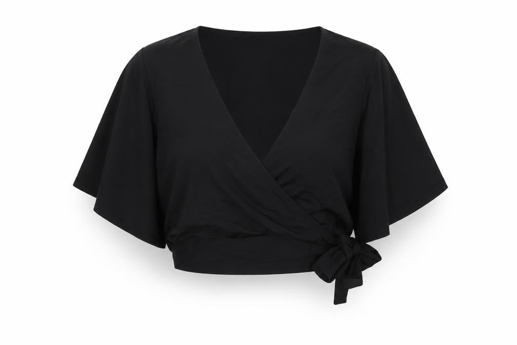 Front view of New Look women’s black polyester wrap blouse, size UK 14, v-neck