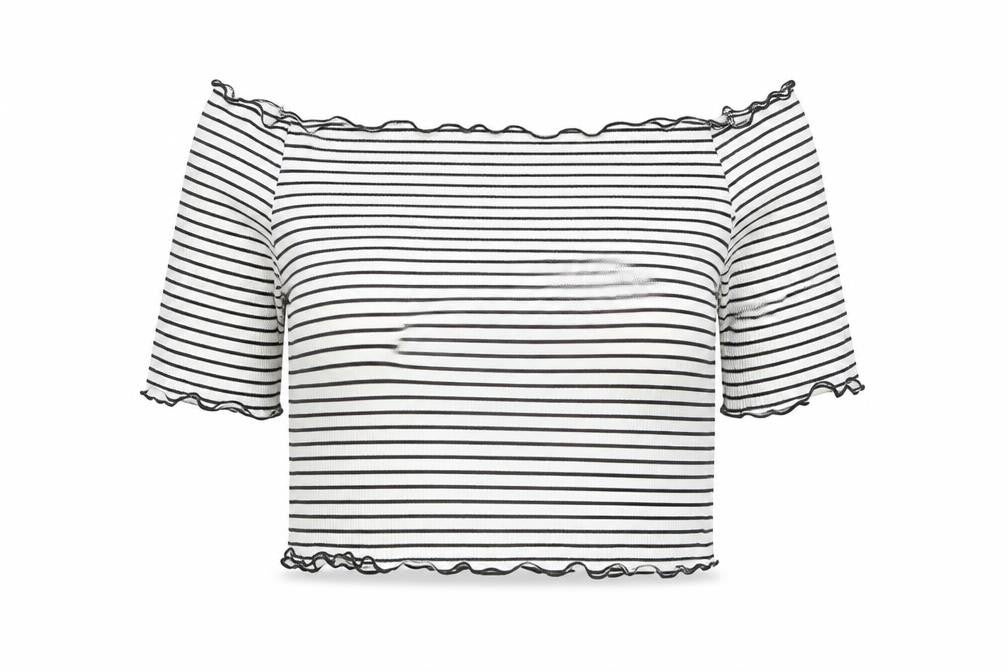 Front view of PRETTYLITTLETHING women’s white striped polyester cropped blouse, size UK 16, square neck