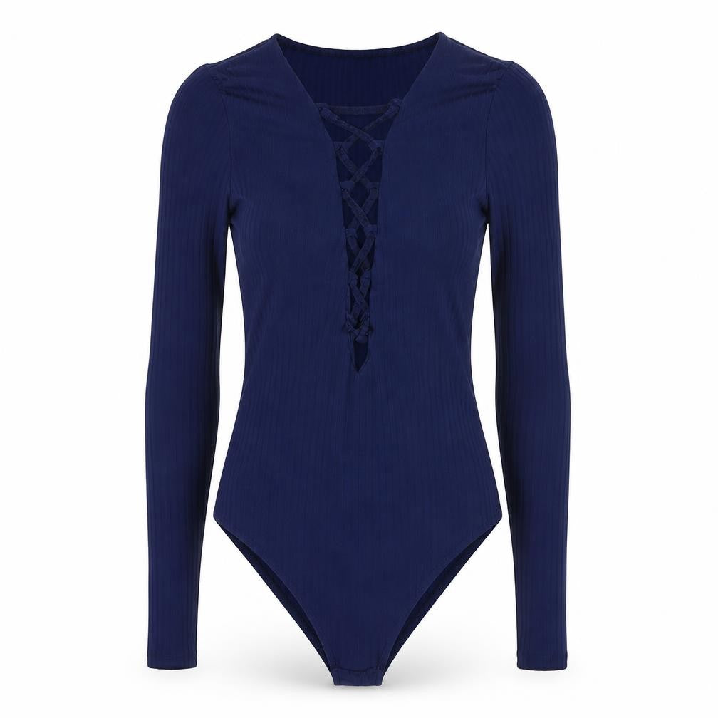 Front view of Missguided women’s blue polyester bodysuit one-piece, size UK 10, hook & loop