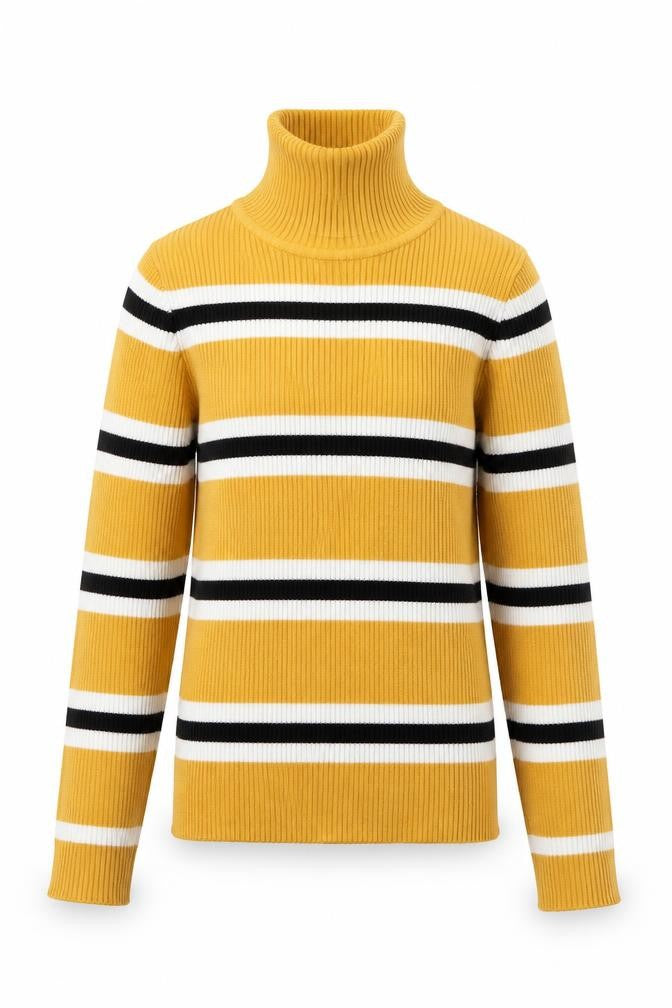 Front view of Primark girls’ multicoloured high neck striped viscose jumper, size 8-9, years