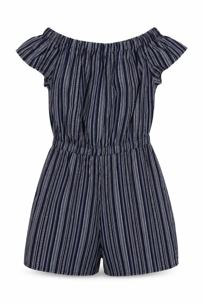 Front view of Atmosphere women’s blue striped polyester shorts one-piece, size UK 8