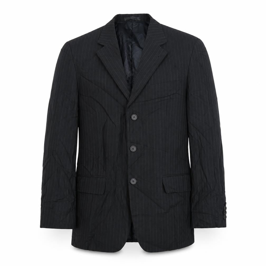 Front view of Butler & Webb Butlera and Webb men’s grey striped polyester jacket suit jacket, size 38