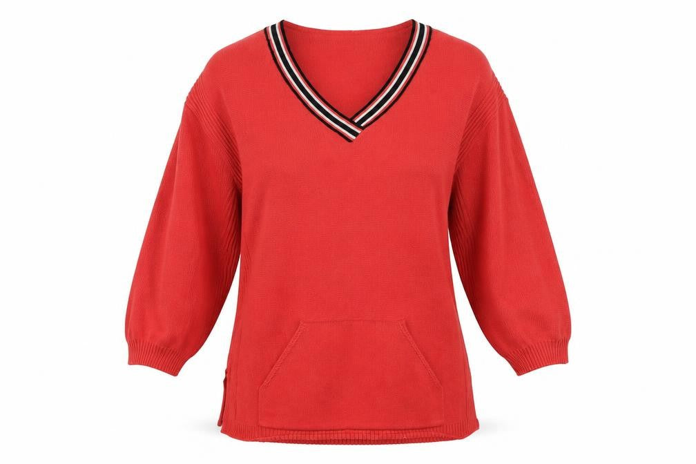 Front view of Afibel women’s orange v-neck acrylic jumper, size UK 14