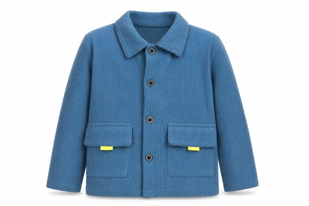 Front view of SHEIN boys’ blue polyester jersey button-up, size 4, years collared button