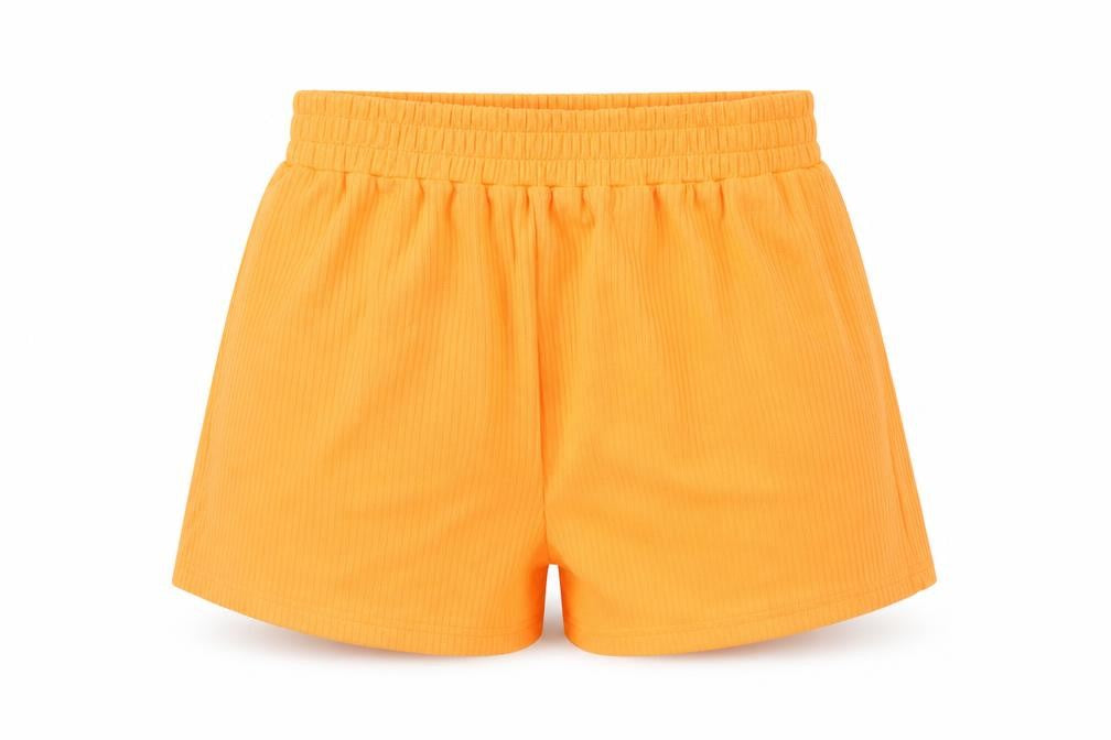 Front view of SHEIN women’s orange polyester sweat shorts, size XS, 3-inch leg regular