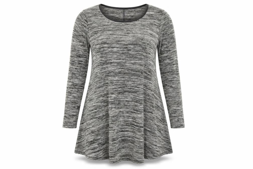 Front view of Cameo women’s grey round neck polyester tunic jumper, size UK 10