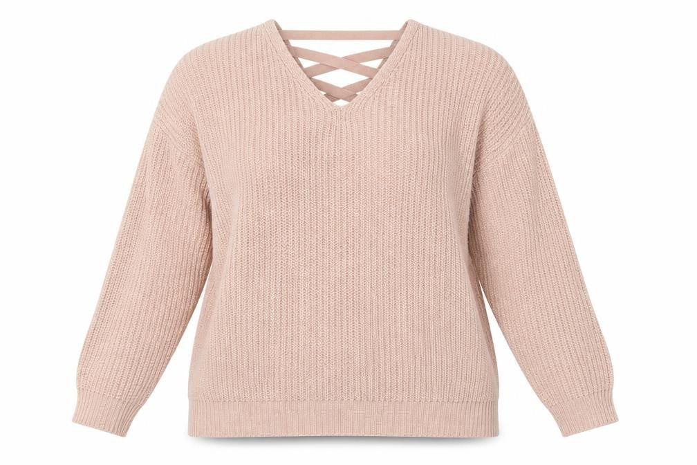 Front view of Peacocks women’s pink v-neck acrylic jumper, size S