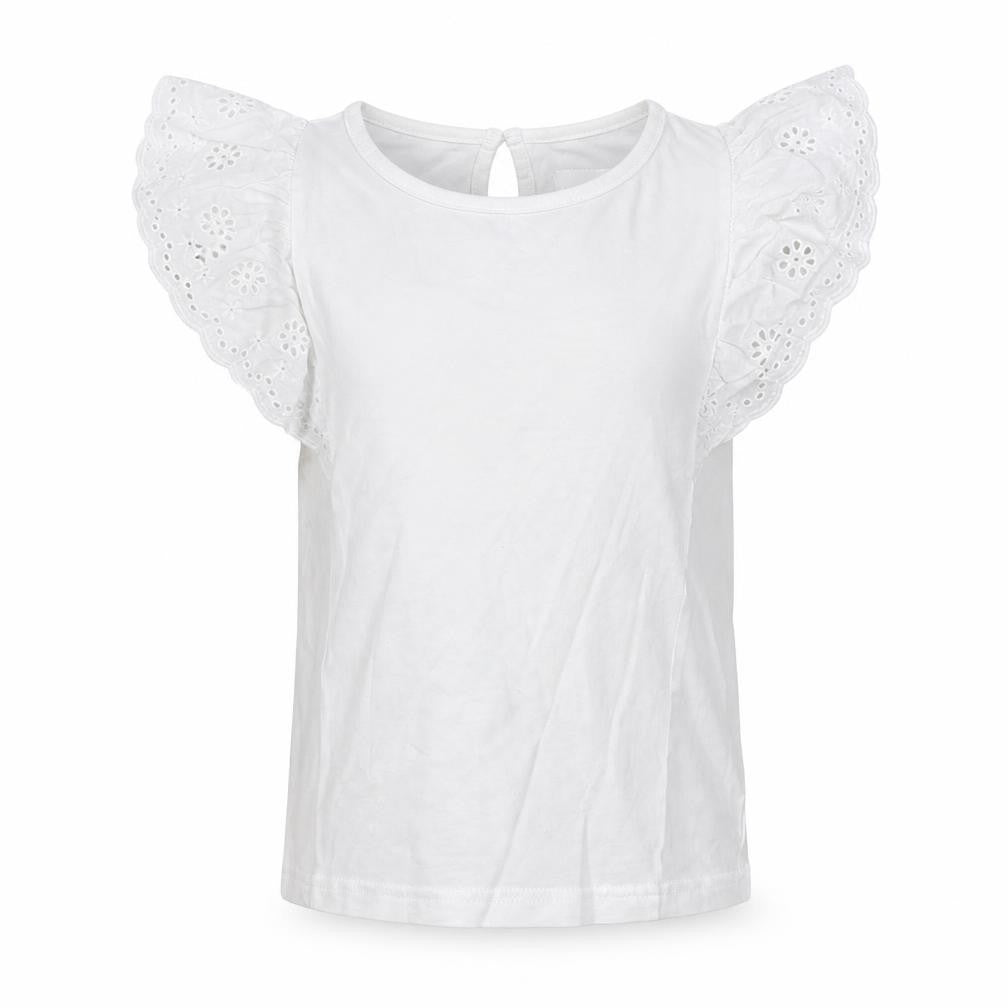 Front view of Jeff & Co girls’ white 100% cotton basic blouse, size 7-8, years boat neck button
