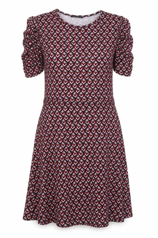 Front view of Innocence women’s multicoloured geometric polyester a-line, size UK 12, boat neck pullover