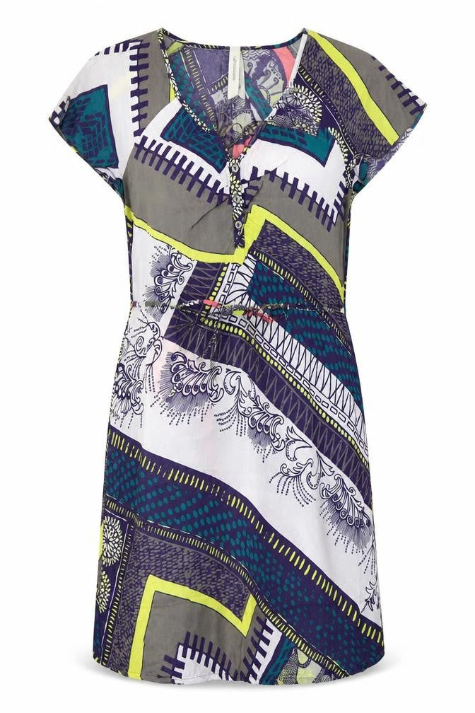 Front view of Summum women’s multicoloured geometric polyester shirt dress, size UK 6, v-neck button