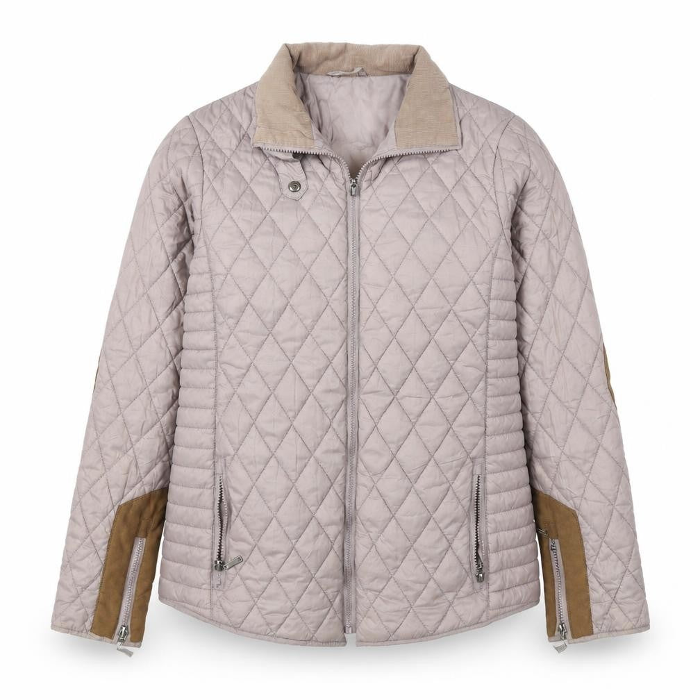 Front view of SOS Jenson women’s brown quilted jacket, size M, zip