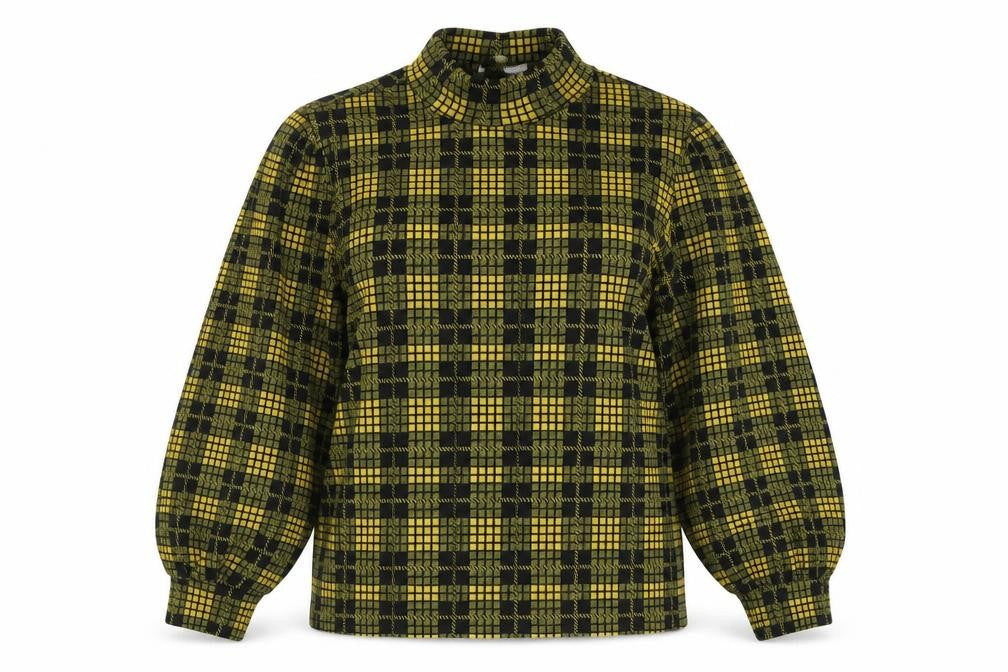 Front view of Savida women’s yellow plaid polyester pullover sweatshirt, size M, pullover