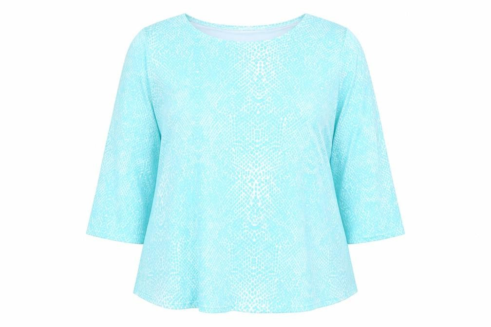 Front view of Gerard women’s blue geometric viscose basic t-shirt, size UK 14, crew neck