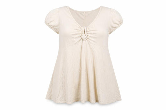 Front view of Evans women’s beige viscose basic t-shirt, size UK 12, scoop neck