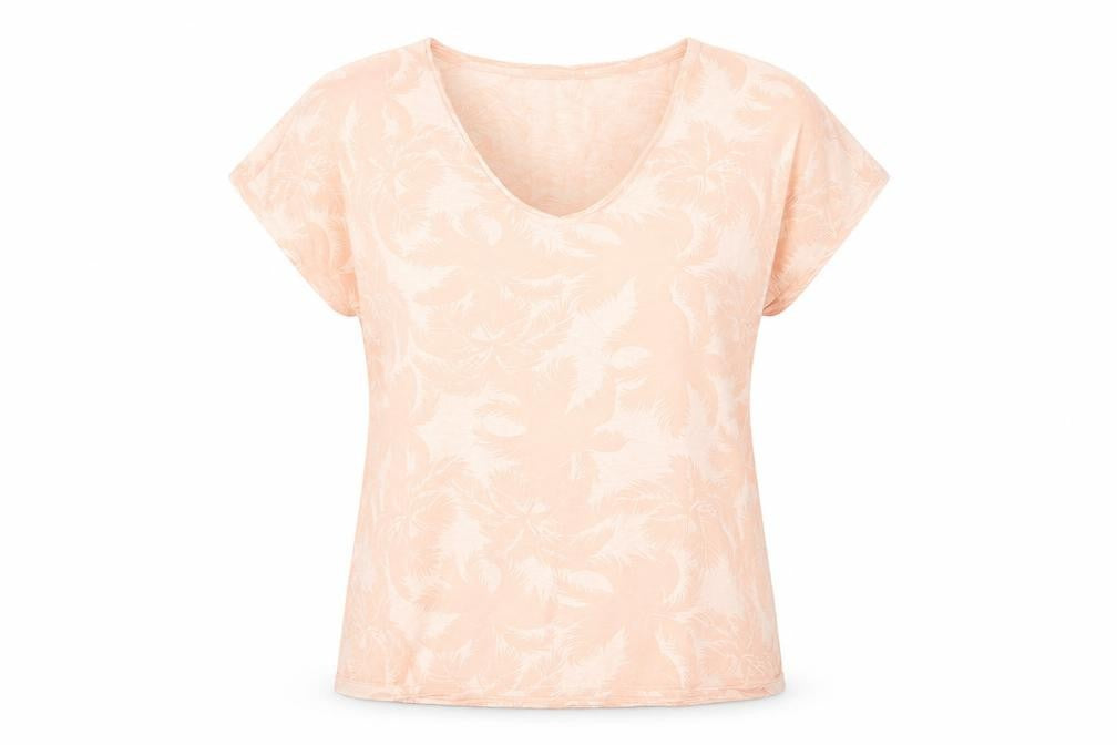 Front view of soaked women’s orange geometric polyester basic t-shirt, size S, v-neck