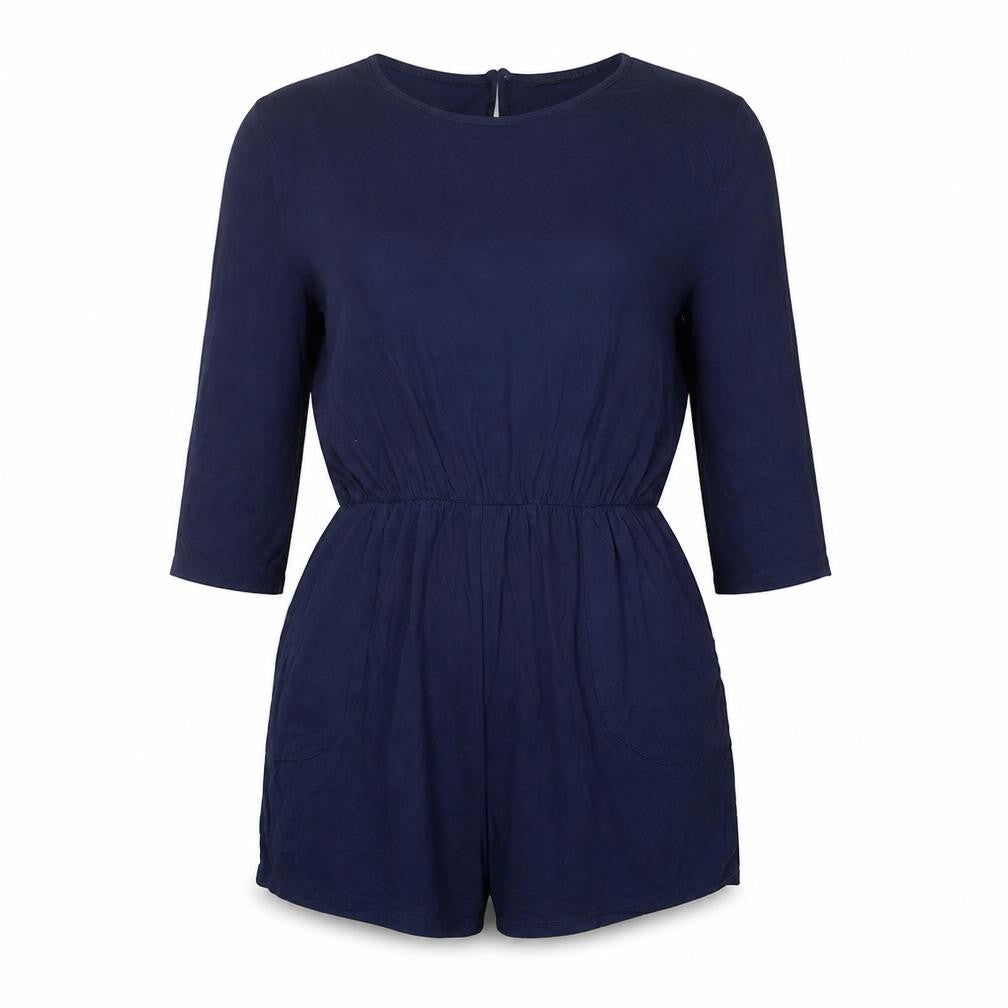 Front view of Boohoo women’s blue viscose playsuit one-piece, size UK 8, button
