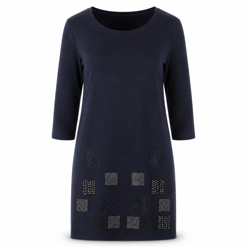 Front view of Free Still women’s blue cotton a-line, size S, crew neck pullover