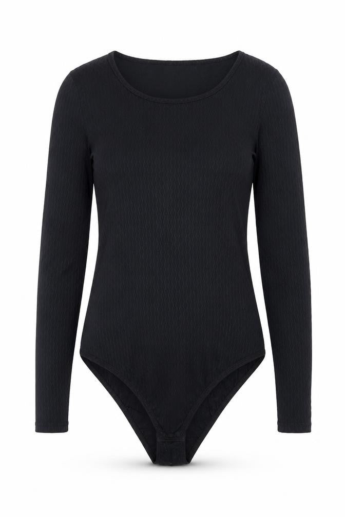Front view of St Michael women’s black nylon bodysuit one-piece, size UK 12, button