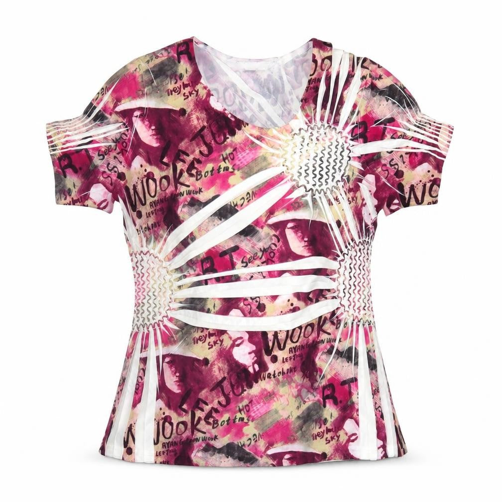 Front view of Sarah Louise women’s pink geometric polyester basic t-shirt, size M, crew neck