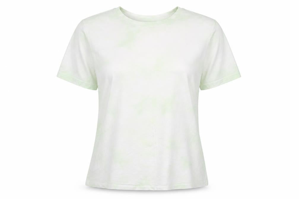 Front view of d&co women’s green geometric polyester basic t-shirt, size L, crew neck