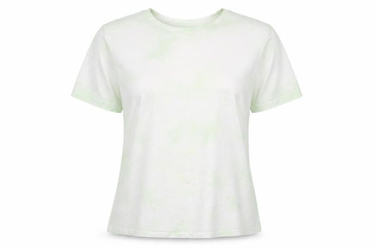 Front view of d&co women’s green geometric polyester basic t-shirt, size L, crew neck
