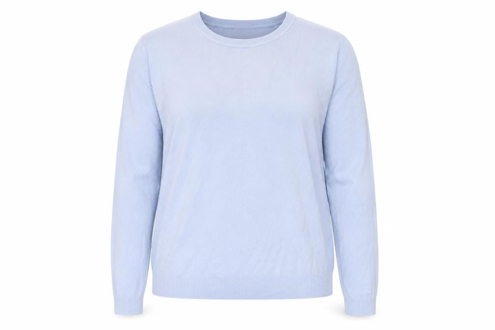 Front view of Marks & Spencer women’s blue crew neck acrylic jumper, size UK 14