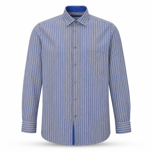 Front view of Daniel Grahame men’s blue striped polyester button-up, size M, collared