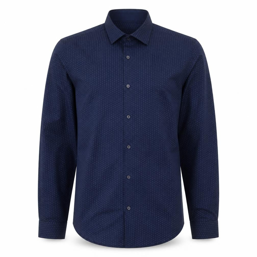 Front view of F&F men’s blue polka dot cotton button-up, size S, collared