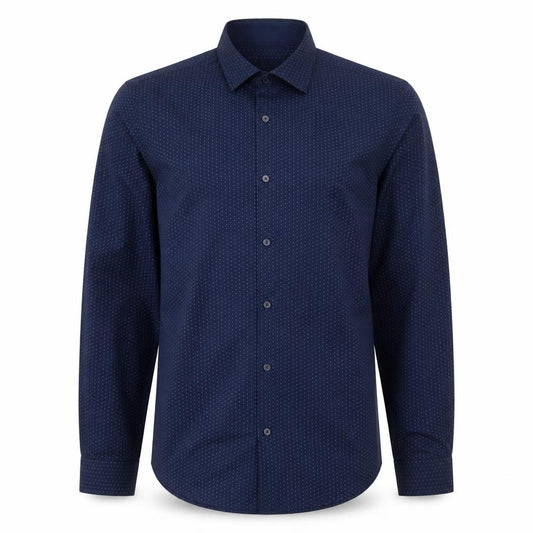 Front view of F&F men’s blue polka dot cotton button-up, size S, collared