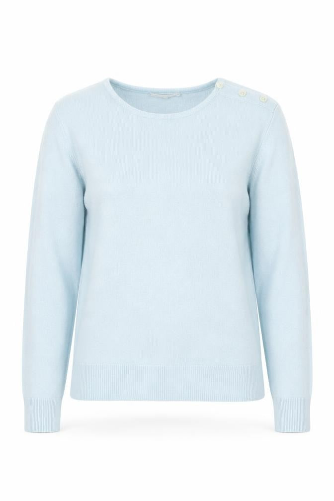Front view of Primark women’s blue round neck acrylic jumper, size UK 12