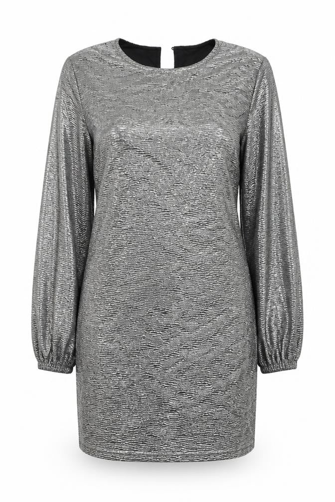 Front view of Oasis women’s silver polyester bodycon, size L, round neck