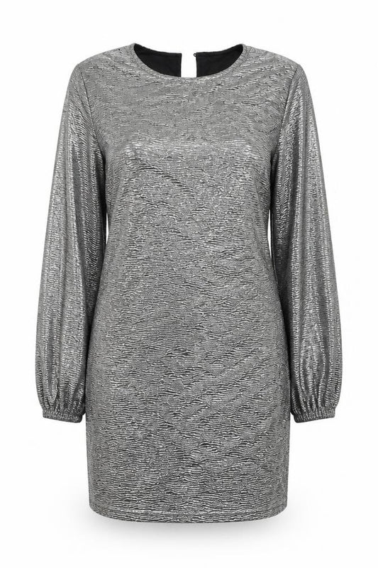 Front view of Oasis women’s silver polyester bodycon, size L, round neck