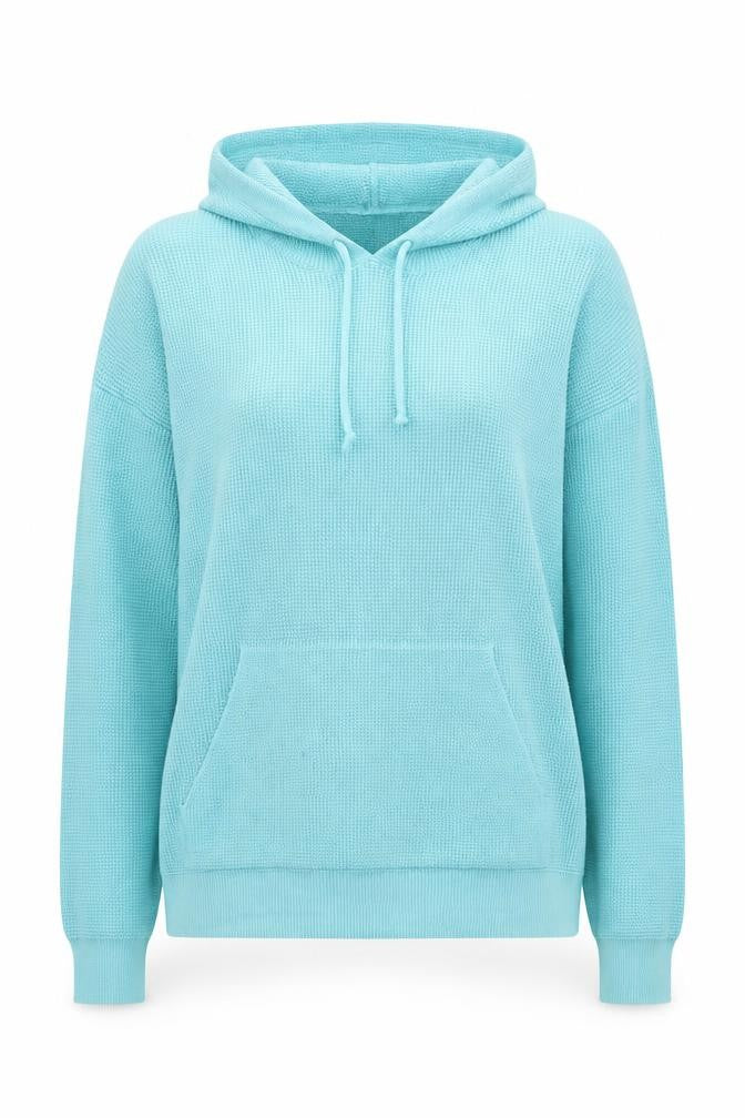 Front view of Gallery women’s blue cotton pullover hoodie, size S