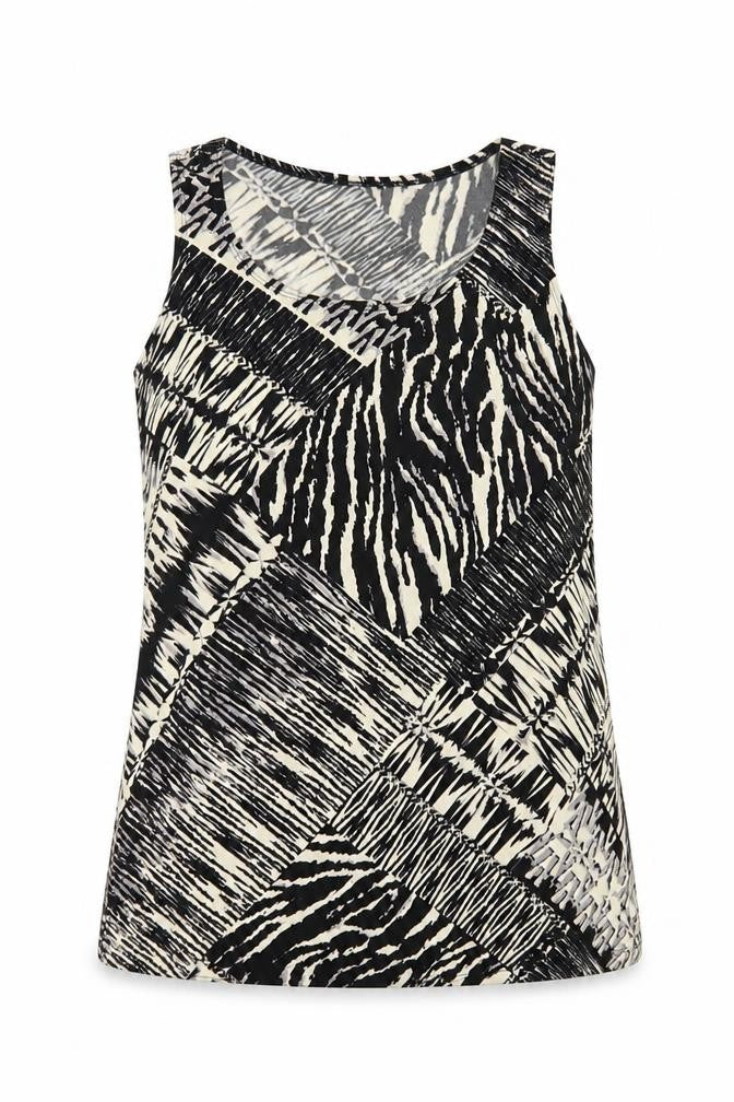 Front view of Susan Graver women’s black animal print polyester basic tank, size S, scoop neck