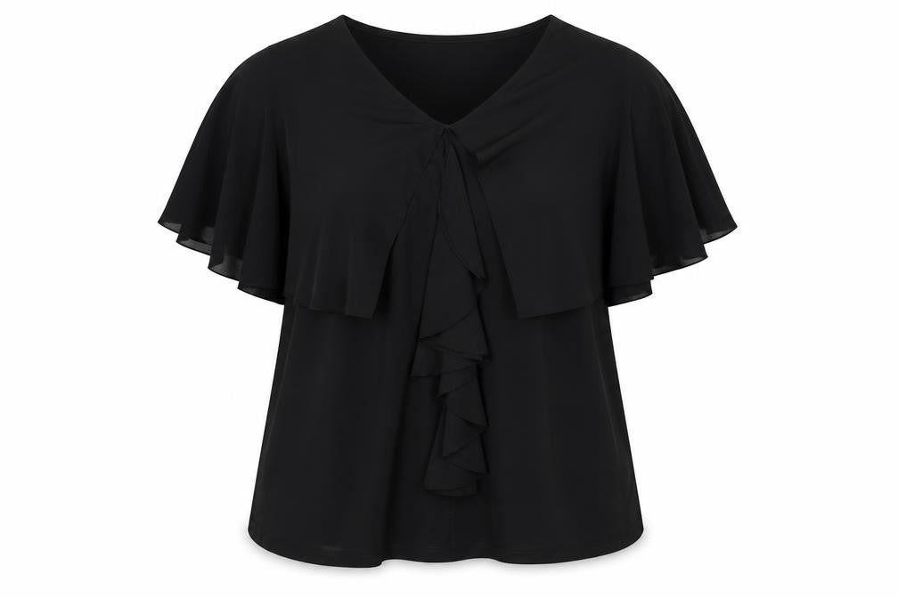 Front view of Simontons women’s black polyester basic blouse, size M, v-neck